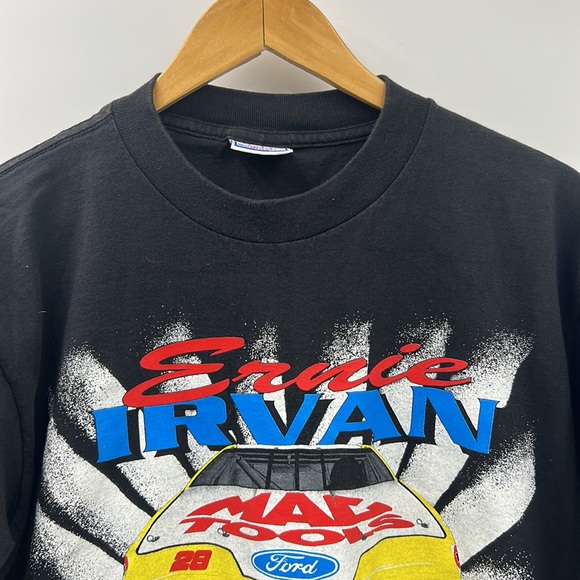 VINTAGE MAC TOOLS 90s ERNIE IRVAN MENS STREET WEAR T-SHIRT BLACK ALLOVER PRINT - Picture 3 of 11